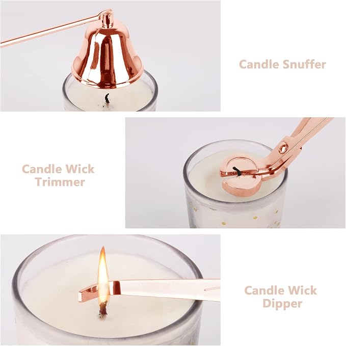 3PCS Stainless Steel Candle Snuffer Extinguisher Candle Wick Trimmer Accessory Set - Rose Gold