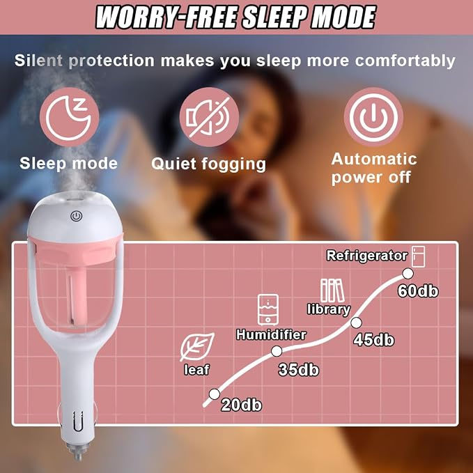 Car Humidifier, Portable Mini Aromatherapy Essential Oil Diffuser, 180-Degree Rotation Cool Mist Humidifier, Vehicle Air Freshener Diffuser with 12V Charging Port for Home Office (Pink)
