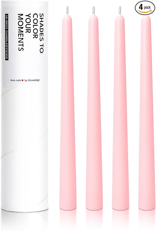 10" Classic Taper Candles, Blush Pink, 4-Pack, 7-8 Hours Long Burning, Unscented Tall Candlesticks
