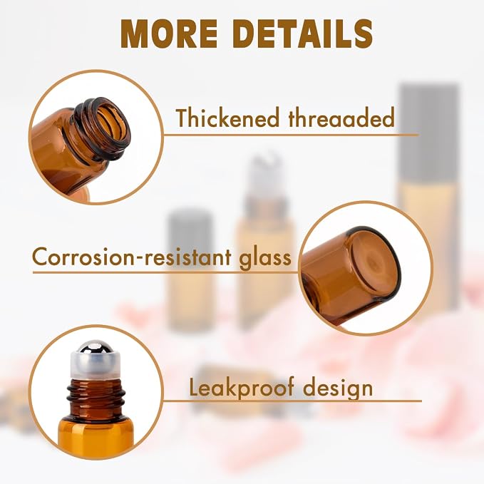 3ml Roller Bottles 24Pack Amber Thick Glass Essential Oil Bottles with Stainless Steel Roller Ball and 2 Droppers