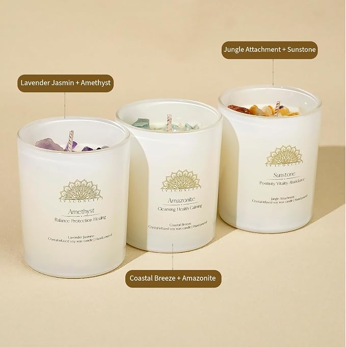 AvaConcept Healing Crystal Candle Gift Set – Set of 3 Amethyst, Amazonite & Sunstone Hand-Poured Soy Wax Lavender Jasmine, Coastal Breeze & Jungle Attachment Aromatherapy 3.5oz Each | Premium Gift Box
