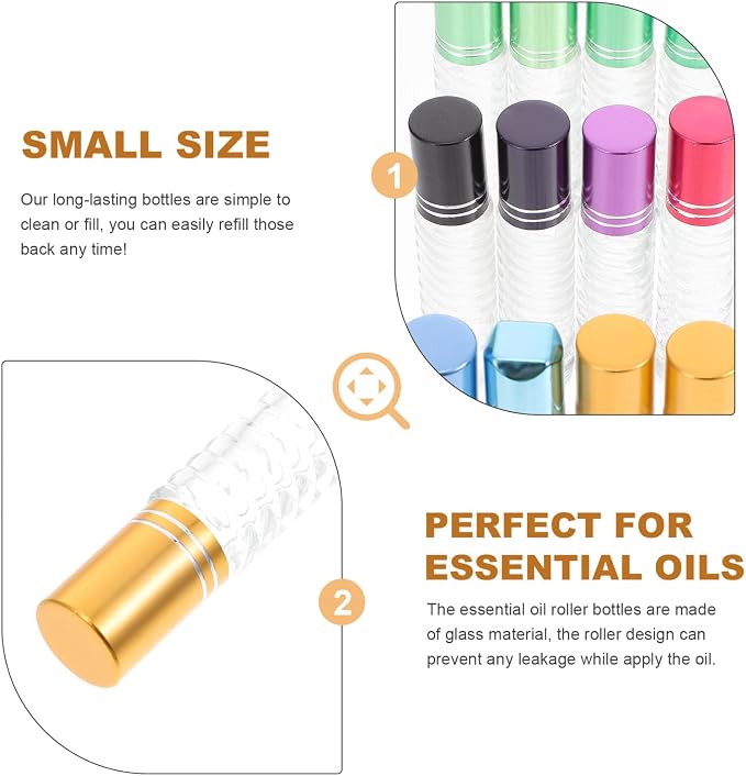 Housoutil 12pcs 5ml Glass Roll on Bottles Refillable Essential Oil Bottles with Caps Portable Mini Kit for Travel and Aromatherapy Use Random Color