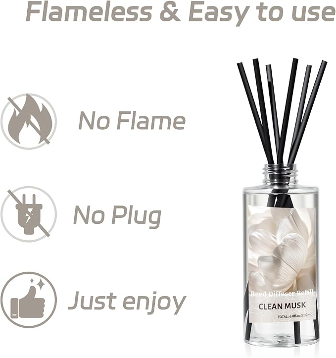 SCENTORINI Reed Diffuser Oil Refill, Clean Musk Diffuser Oil 6.76 Fl Oz, Natural Scented Essential Oil Refill Long Lasting Summer Home Fragrance for Room Spa Aromatherapy Bathroom