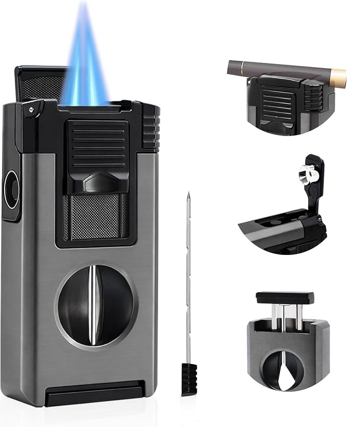 5-in-1 Dual Jet Flame Butane Torch Lighter Built-in V Cutter, Punch, Holder, Draw Enhancer Tool, Windproof Refillable Butane Lighter Gift for Men, Cool Lighters for Candle, Outdoor (No Gas)