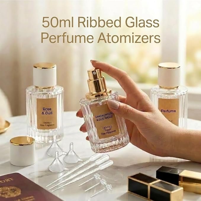 50ml Empty Perfume Spray Bottles, 3 Pack Ribbed Glass Atomizer Bottle Refillable Portable Glass Atomizers with Funnel and Dropper, Fine Mist Spray for Women Men Dispenser Fragrance Container Set