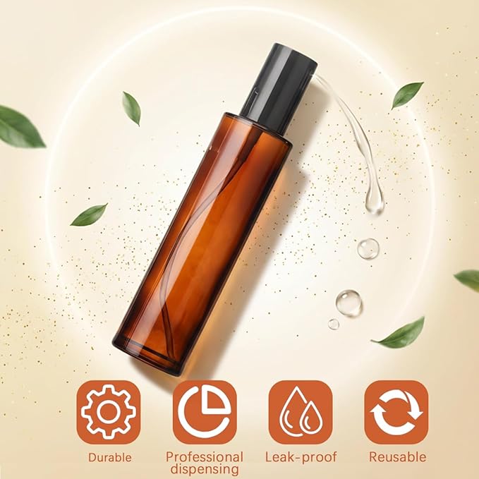 2 PCS 100/3.4oz Amber Glass Travel Bottles with Black Pump, Leakproof Lotion Dispenser for Essential Oil, Cream, Shampoo, Body Wash & Travel Toiletries