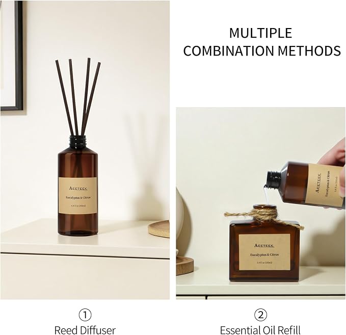 Reed Diffuser, 6.8oz Eucalyptus & Citrus Essential Oils Refill | 200ml Aroma Oil with Diffuser Sticks, Long-lasting Air Freshener, Home Fragrance for Room, Bathroom Decor