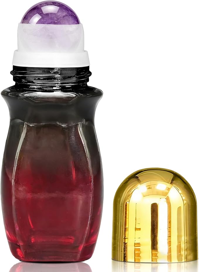 Amethyst Roller Waisted Bottles for Essential Oils,50ml Refillable Amber Glass Roll On Bottles with Natural Crystal Roller Balls, Leak-Proof Travel Perfume Bottle with Gold Caps