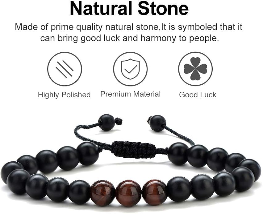 M MOOHAM Mens Bracelet - Beaded Natural Stone 8mm Tiger Eye Matte Agate Lava Rock Bracelets for Men Teen Boys Grandpa Dad Birthday Gifts Jewelry
