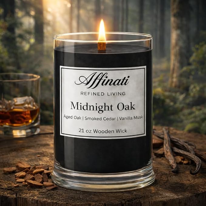 Affinati Midnight Oak Large Scented Candle, 21 oz Wooden Wick Tumbler – Highly Fragrant Premium Long Burning Home Fragrance, Soy Blend Candle