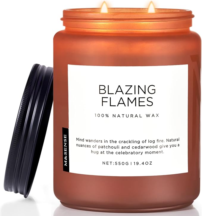 M&SENSE Blazing Flames Scented Candles, Soy Wax 19.4oz 110 Hours Long Lasting Clean Burn, Warm Woods Aromatherapy Candles for Relaxation Large Candle Birthday Holiday Gifts for Men Women