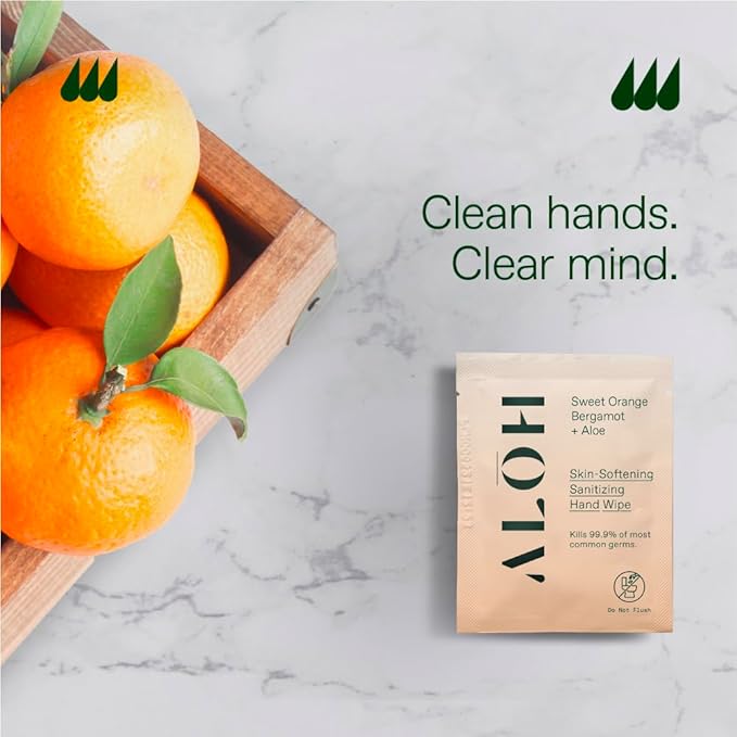 ALŌH Skin - Softening Sanitizing Hand Wipes – Sweet Orange Bergamot (1 Box of 20 Individual Wrapped Wipes)
