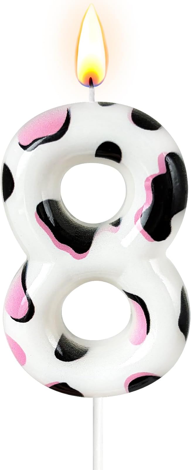 Number 8 Birthday Candle for Cake – Cow Print Design in White Black Pink – Farm Theme & Cowgirl Party Cake Topper Decoration
