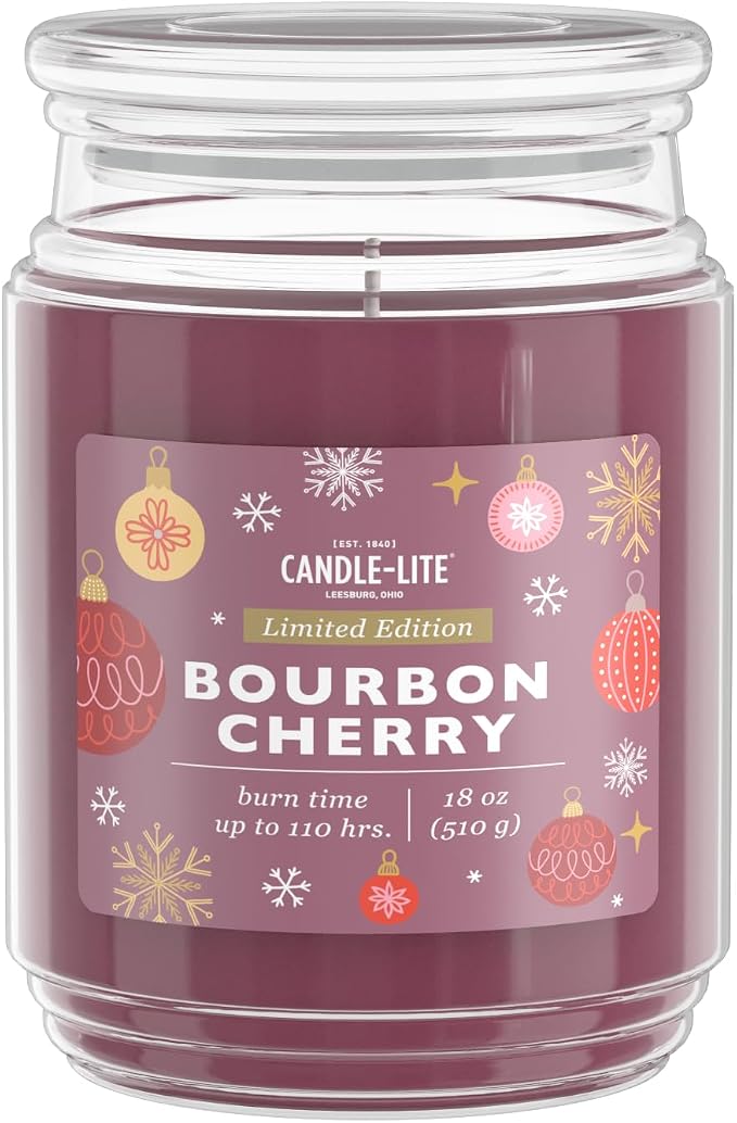 Candle-lite Holiday Scented Candles, Bourbon & Maraschino Cherry with Almond, 18 oz Single-Wick Jar, Proudly Poured in USA, Christmas Home Decor, 110 Hours of Burn Time, Holiday Gift for Men and Women