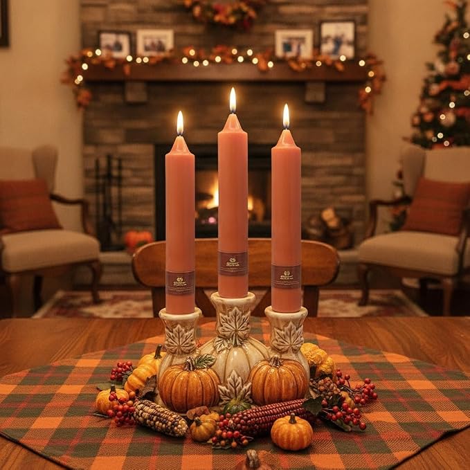 Earth Tone Chunky Taper Candle 9 inch Tall Tapered Candle Pumpkin Unscented Smokeless Long-Lasting Burn Thick Tapered Candle for Fall Harvest Halloween Thanksgiving Dinners Parties and Home Décor