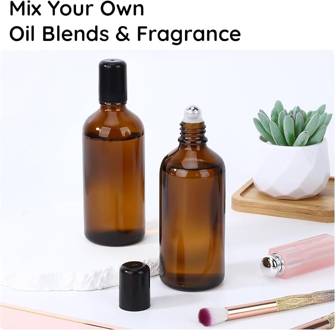 Segbeauty 3.4oz Thick Amber Glass Roller Bottles for Oils, 5pcs Empty Roll On Bottles for Perfume Massage Castor Essential Oil, 100ml Refillable Roller Ball Applicator with Stainless Steel Rollball
