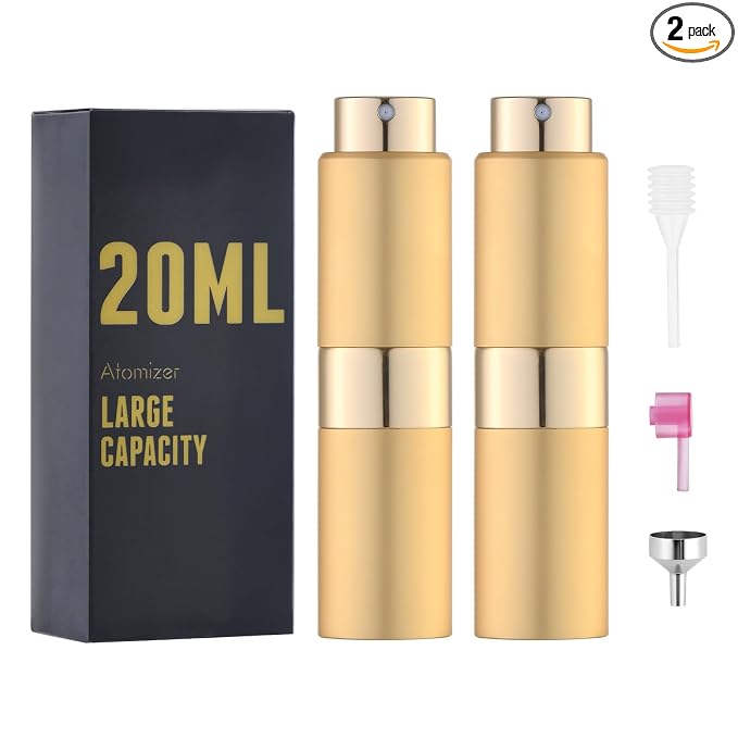 Cologne Travel Bottle 20ml - Large Size Perfume Atomizer Refillable for Men - Pocket Empty Fragrance Sprayer for Refill - 0.67oz Portable Twist Spray Sample Container for Purse Gold 2PCS