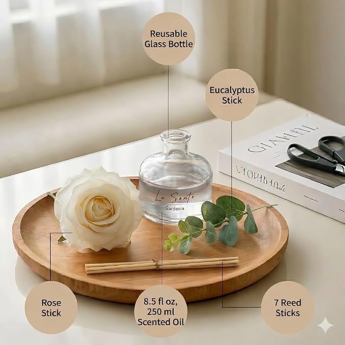 White Gardenia Reed Diffuser Set 8.5 fl oz | Long Lasting Flameless Home Fragrance with Decorative Flower & Natural Reeds | Elegant Scent for Home, Office, Gifts