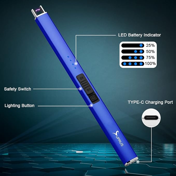 SUPRUS Electric Lighter Arc Windproof Flameless USB Rechargeable Lighter with Safety Lock for Candle BBQ Camping (Dark Blue)