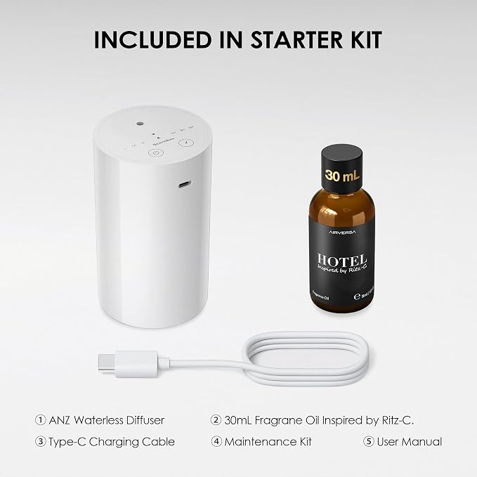 Waterless Essential Diffuser Starter Kit with 30mL Ritz-C Hotel Scent Fragrance, Rechargeable Portable Scent Diffuser with 3 Timers/Mist Levels for Car Room Home Office, ANZ White KIT