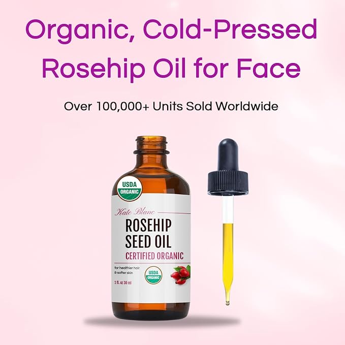 Kate Blanc Cosmetics Rosehip Seed Oil for Face, 100% Pure Organic | Cold Pressed Unrefined Rose Hip Facial Oil for Skin, Hair & Gua Sha Massage (1oz)