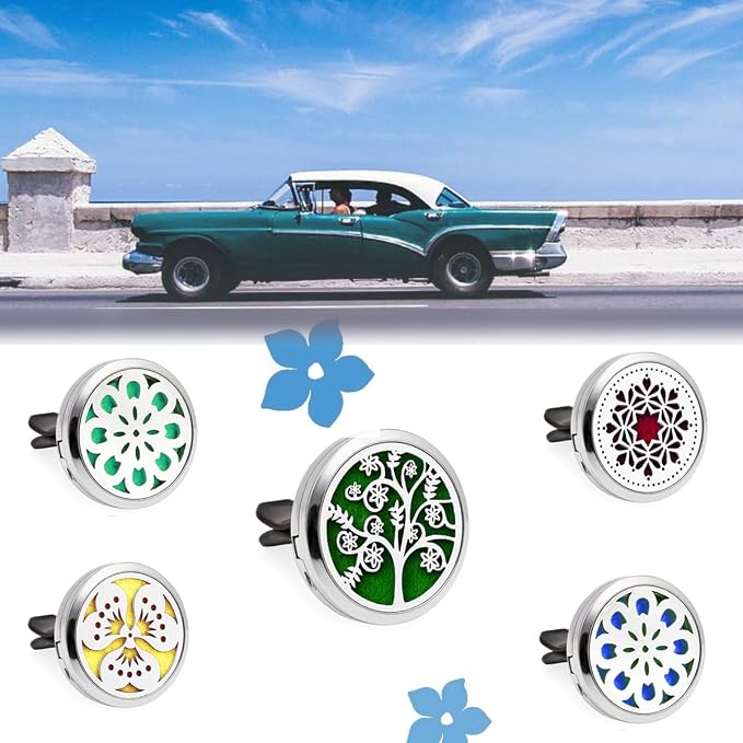 Car Diffuser Vent Clip, 4 Packs Aromatherapy Essential Oil Car Diffuser Vent Clips Magnetic Locket Scent Diffuser with 48 Refill Pads (3 Flowers and Tree)