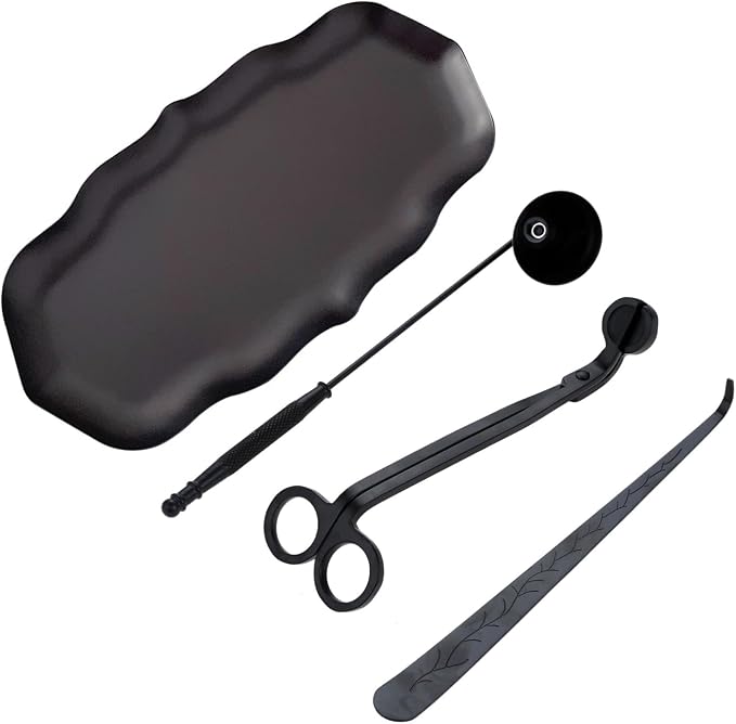 MUXSAM Candle Accessory Set Gift Box, Exquisite Wave Storage Tray Plate, Candle Wick Trimmer, Bell Candle Wick Snuffer, Candle Wick Dipper, 4-in-1 Candle Care Toll Kit for Scented Candle Lover, Black