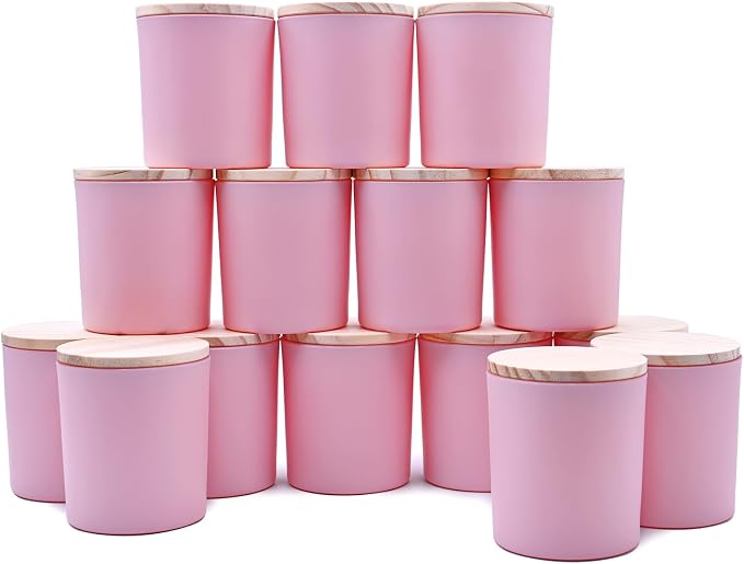 SHOWIN 8 OZ Thick Candle Jars for Making Candles 15 Pcs, Empty Jars with Wood Lids for Candle Making, Sample Container, Matte Pink