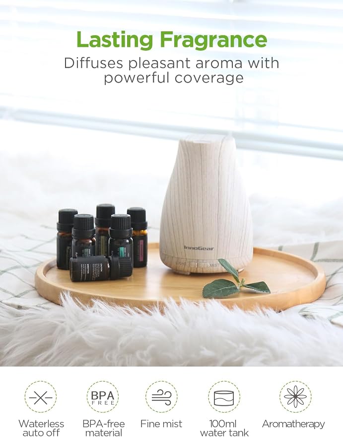 InnoGear Essential Oil Diffuser with Oils, 100ml Aromatherapy Diffuser with 6 Essential Oils Set, Aroma Cool Mist Humidifier Gift Set, Grey Wood Grain