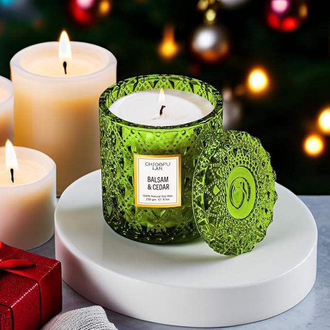 Balsam & Cedar Scented Candle Christmas Candles Gift, Christmas Festival Gifts, Large Luxury Scented Soy Jar Candles with up to 55 Hour Long Lasting, Highly Scented, 8.1oz