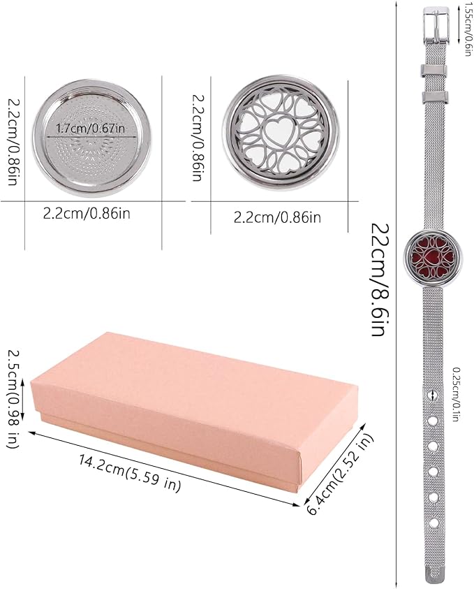 Essential Oil Diffuser Bracelet with Gift Box Aromatherapy Locket Adjustable Stainless Steel Heart Watch Chain Bracelet with 10 Pcs Refill Pads for Women