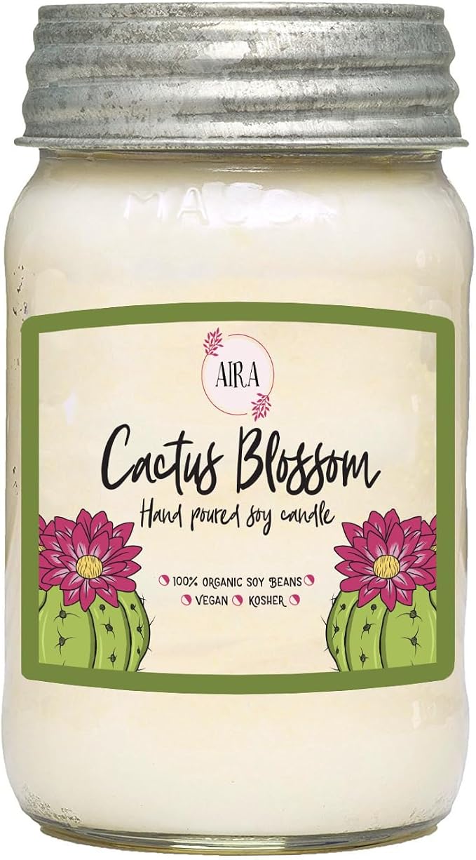 Aira Soy Candles - Organic, Kosher, Vegan, in Mason Jar w/Therapeutic Grade Essential Oil Blends - Hand-Poured 100% Soy Candle Wax - Paraffin Free, Burns 110+ Hours - Cactus Blossom -16 Ounces
