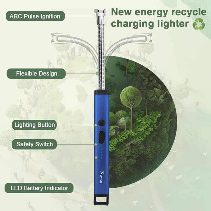 SUPRUS Rechargeable Candle Lighter Electric Arc Triple Safety Long Lighter Stainless Steel Shell & Hanging Hook (Blue)