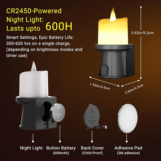 Flameless Candles Night Light with Flickering Flame, Battery Operated LED Night Light, Magnetic Attachment for Easy Placement, Realistic Candlelight for Home, Bathroom, Window Decor (Black, 1 Pack)