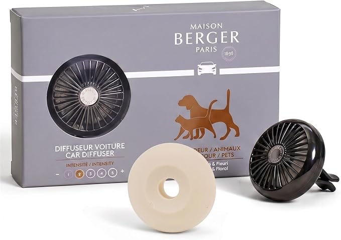 MAISON BERGER Car Diffuser Set, Anti-Pet Odor | Helps Neutralize Pet Odors, Refillable Vent Clip with Ceramic Refill, Passive 4-Week Diffusion, Made in France