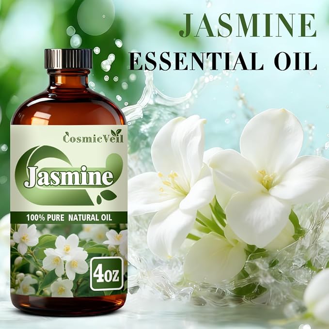 Jasmine Essential Oil Jasmine Oil for Aroma Diffuser,Humidifier,Home Fragrance,Cleaning,Body Care,Massage,Yoga,DIY Candle,DIY Soap CosmicVeil（Jasmime，4 Fl Oz (Pack of 1)）