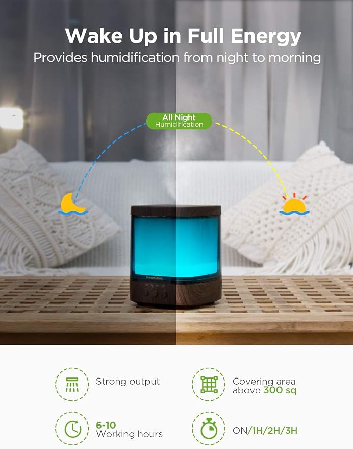 InnoGear Diffusers for Essential Oils, 300ml Oil Diffuser Aromatherapy Diffusers Aroma Ultrasonic Cool Mist Humidifier 4 Timers Color Changing Lights Auto-Off, Brown