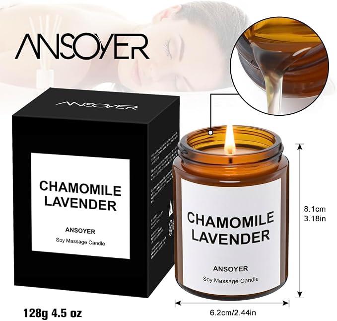 Massage Oil Candle, Chamomile Lavender Scented Candle for Spa Use, Gift Home Body Oil with Soybean Oil, Ultra Hydrating Body Care, 4.5oz
