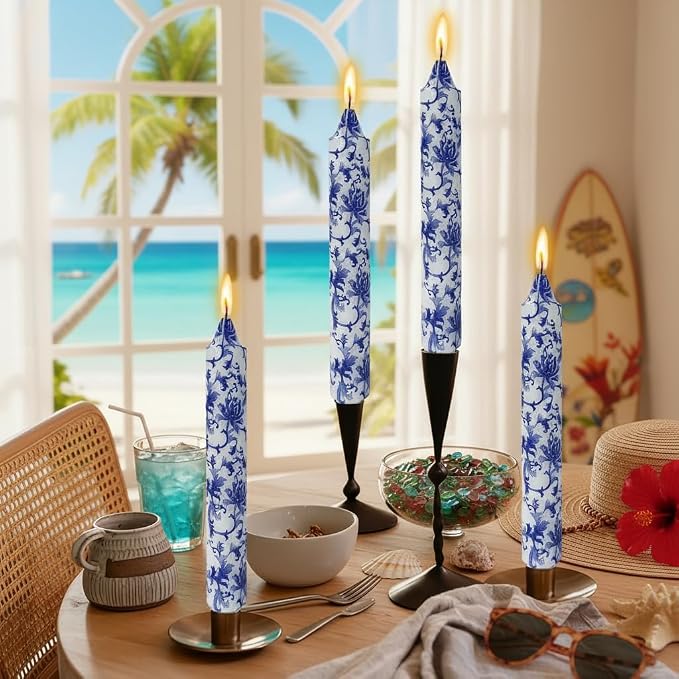 Long Blue and White Taper Candles 9 Inch Handmade Porcelain Style Wide Taper Candles Smokeless Unscented Clean Burning for Housewarming Gift New Home Entryway Cozy Hygge Bohemian Style Tall Decor