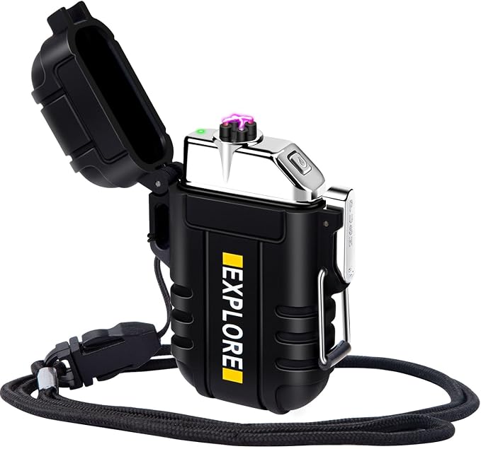 LcFun Electric Lighter USB C Rechargeable Plasma Lighter Windproof Flameless Arc Lighters, Waterproof Matches for Hiking, Camping, Outdoor, Survival, Tactical, EDC Gear (Black)
