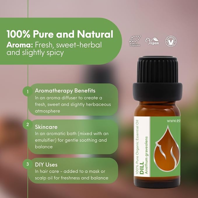 Essences Bulgaria Organic Dill Essential Oil 1/3 Fl Oz | 10ml | Anethum graveolens | 100% Pure and Natural | Undiluted | Therapeutic Grade | Family Owned Farm | Steam-Distilled | Non-GMO