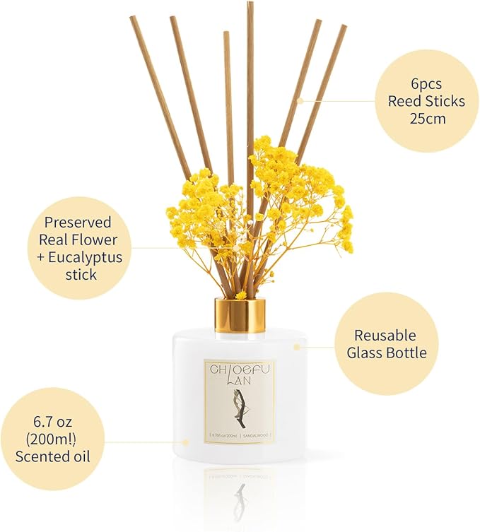 Sandalwood Reed Diffuser,6.7 oz Natural Essential Scented Oil with Diffuser Sticks, Best for Bathroom Decor, Living Room Decor, Home & Office Decor, Aromatherapy Diffuser Oil Gift Set