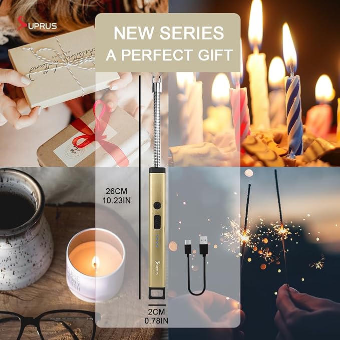 SUPRUS Rechargeable Candle Lighter Electric Arc Triple Safety Long Lighter Stainless Steel Shell & Hanging Hook (Champagne Gold)