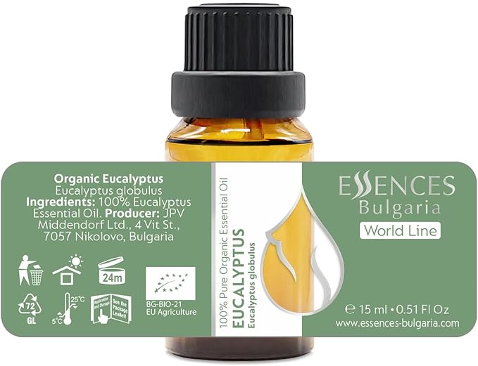 Essences Bulgaria Organic Eucalyptus Essential Oil 0.51 Fl Oz 15ml Eucalyptus globulus 100% Pure Natural Undiluted Therapeutic Grade for Aromatherapy Diffuser Humidifier Air Purifier Sauna Steam Room