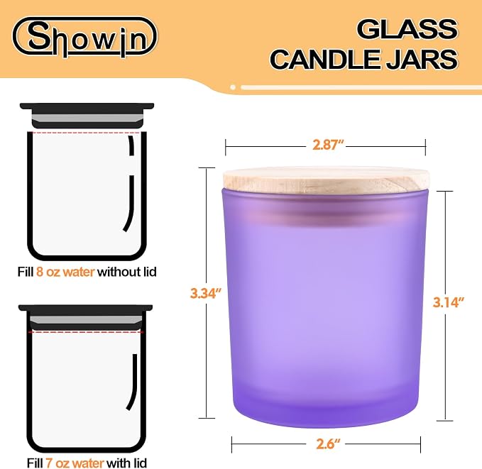 SHOWIN 8 OZ Thick Candle Jars for Making Candles 15 Pcs, Empty Jars with Wood Lids for Candle Making, Sample Container, Frosted Purple
