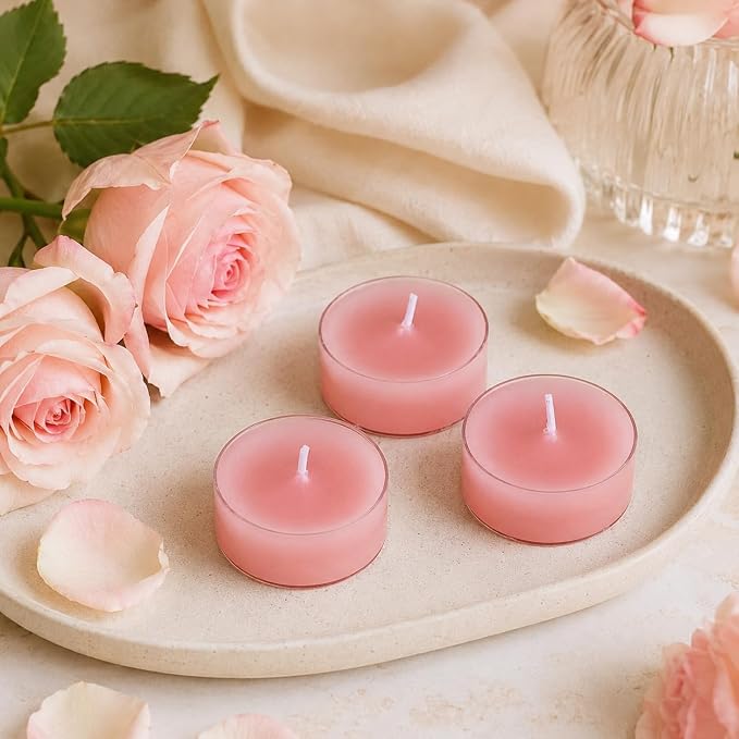 Rose Scented Tealight Candles, 24 Pack Pink Tea Lights, 6 Hour Burn Time, Modern Floral Theme, Dripless & Smokeless
