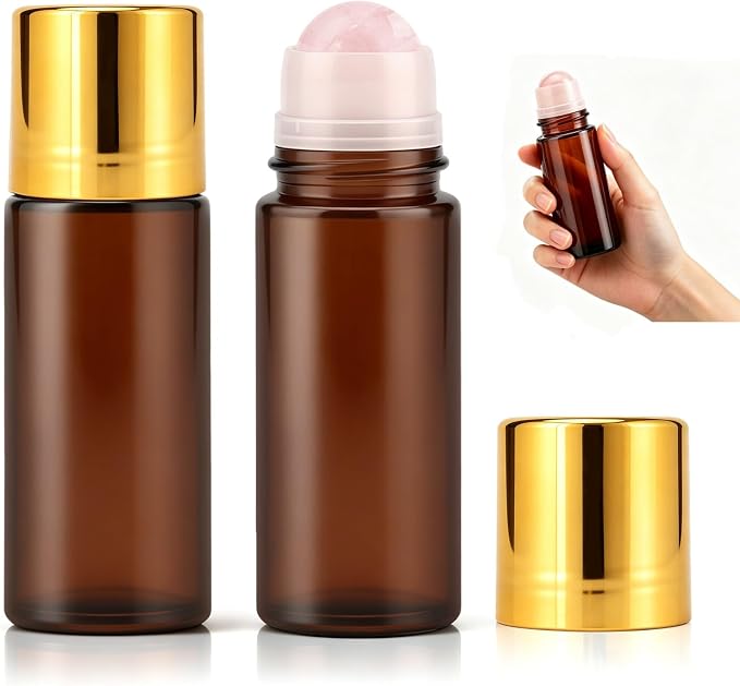 2 Pcs Rose Quartz Roller Bottles, 50ml Refillable Roll On Bottles with Natural Crystal Roller Balls, Quartz Roller Ball Glass Bottle for Oils, Leak-Proof Travel Kit