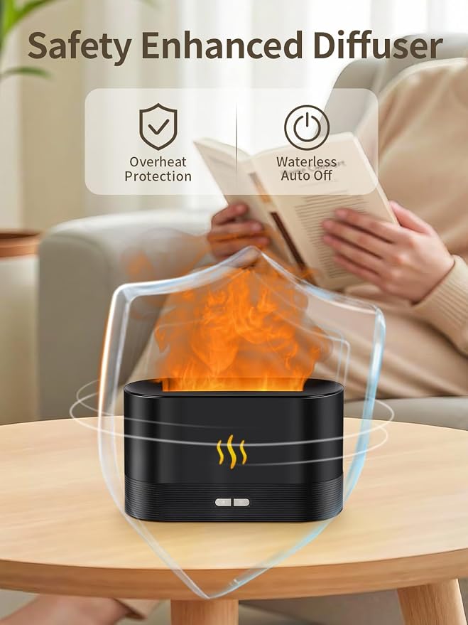 Flame Essential Oil Diffuser, 180ml Aromatherapy Diffuser with 7-Color LED Lights, Auto Shut-Off, Ultrasonic Cool Mist Humidifier for Home, Bedroom, Office, for Dad (Black)