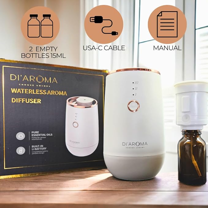 Waterless Essential Oil Diffuser – Portable Nebulizing Aroma Oil Diffuser for Car, Home & Office, USB Rechargeable, Silent Operation, No Water Needed, Di'Aroma (White)