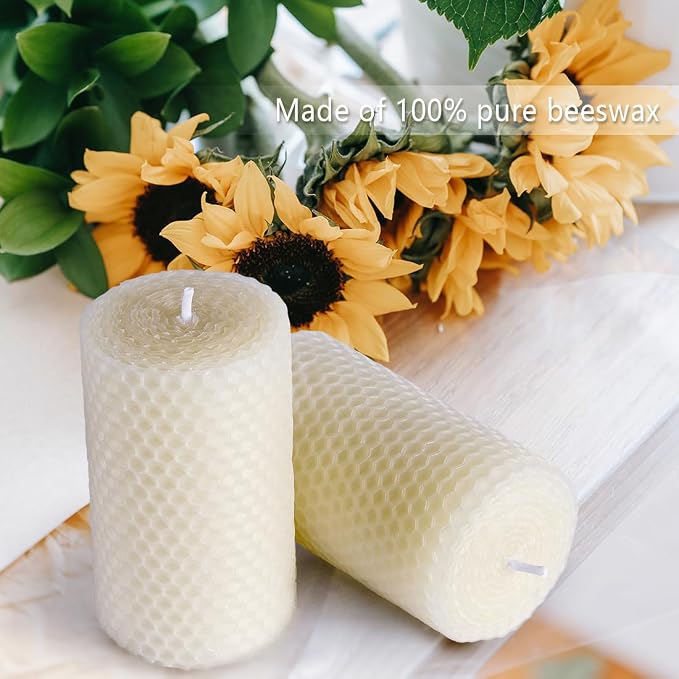 DEYBBY Cream White Beeswax Honeycomb Rolled Pillar Candles Set of 3 - Handmade Pure Organic Bees Wax Candles for Home Study Decor Housewarming Gift (2×3.3 in)